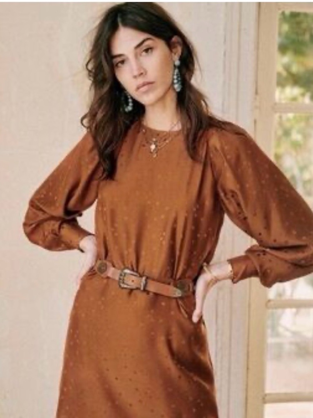 Sezane Rust Brown Puff-Sleeve Long-Sleeve Mini Dress